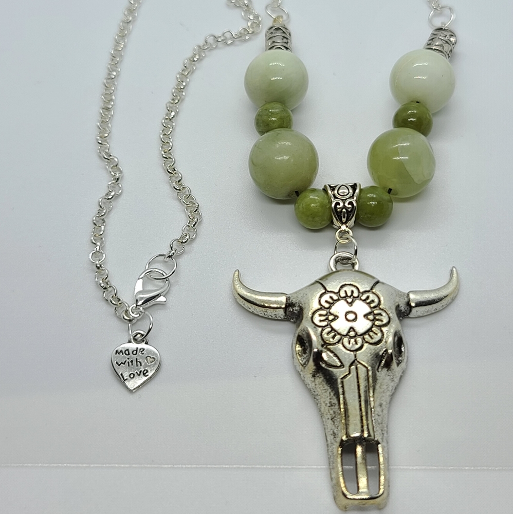 Green Jade with flirty cow pendant necklace